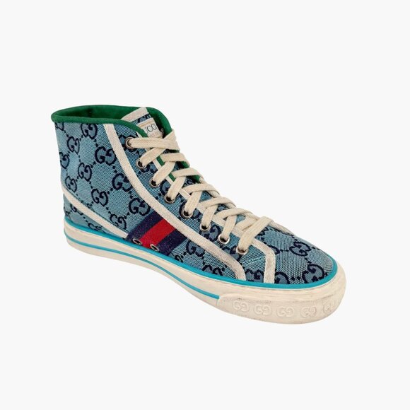 Gucci 1977 Tennis Blue GG Canvas High Top Sneakers Shoes Size 37 US 7 Women’s - Picture 12 of 14